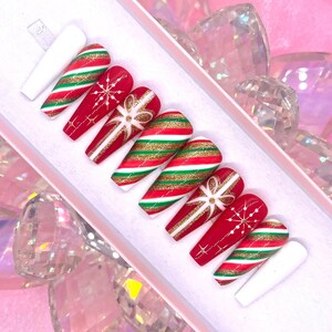 GIFTED | Christmas Press On Nails | Red/White/Green/Gold Holiday Nails | Snowflake Press On Nails | Christmas Gift Nails | Holiday Stripes