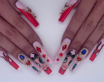 Betty Boop Press On Nails | Hand Painted Flame Gem Set