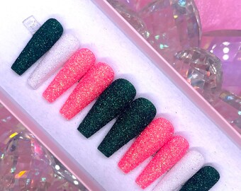 Pink, Green & White Glitter Press On Nails | Christmas Holiday