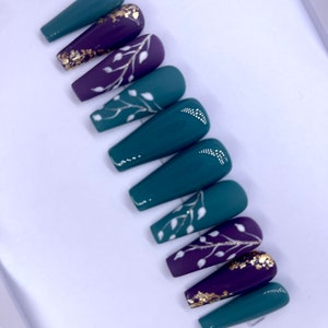 IVY | Purple Teal Press On Nails | Gold Foil Nails | White Dainty Leave Press On Nails