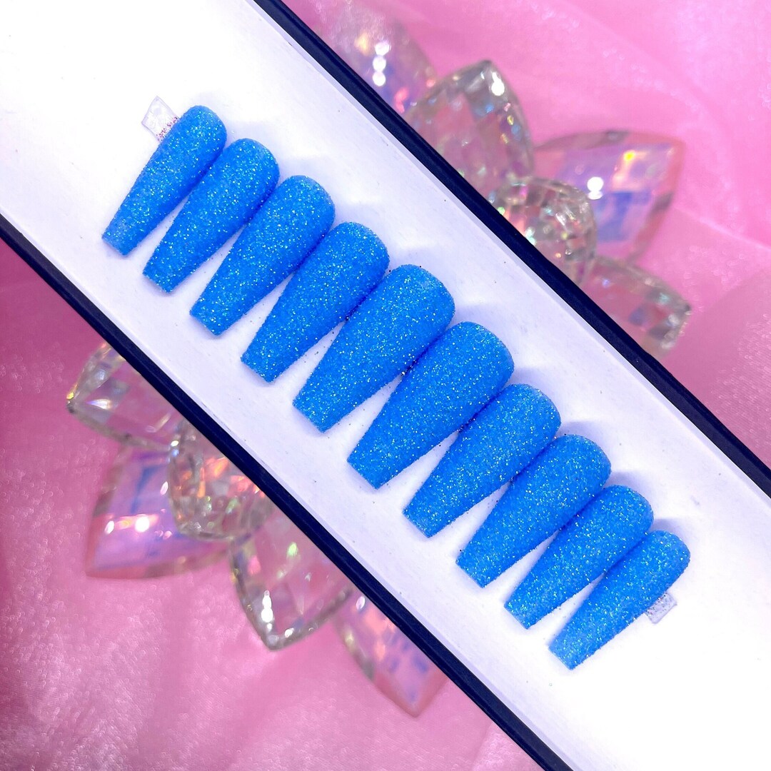Azure Blue Glitter Press on Nails | Handmade - Etsy