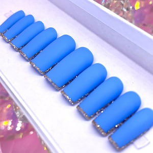 BLUE DREAMS | Matte Blue/Gold Glitter Micro Tip Press On Nails
