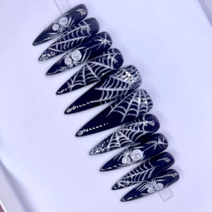 CHARLOTTE | Black White Halloween Spider Web Press On Nails | Hand Painted Nails