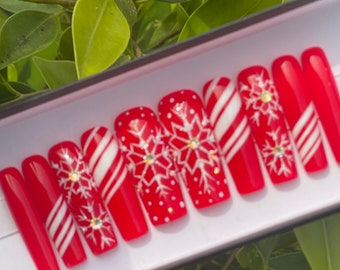 LET IT SNOW | Red/White Nails | Snowflake/Candy | Christmas Press On Nails