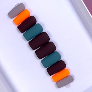 BONFIRE | Brown/Teal/Orange/Grey Matte Fall Press On Nails