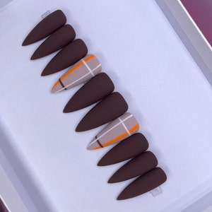 MAPLE | Matte Brown/White/Orange/Taupe Nails | Plaid Fall Press On Nails | Press On Nails