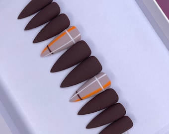 Plaid Fall Press On Nails | Matte Brown Autumn Nails