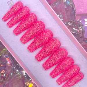PRETTY | Bright Pink Sugar Glitter Press On Nails | Pink Nails | Glitter Press On Nails | Sparkly Pink Nails | Press On Nails