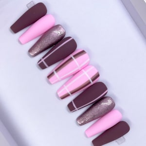 NEAPOLITAN | Matte Pink/White/Brown Plaid Press On Nails