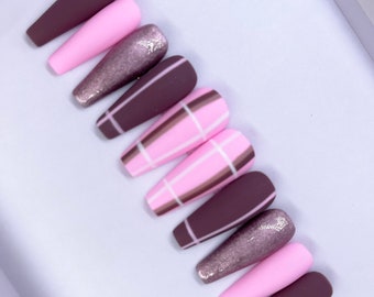 NEAPOLITAN | Matte Pink/White/Brown Plaid Press On Nails