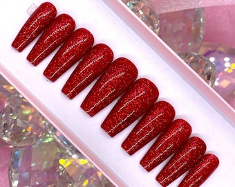 Ongles à presser scintillants rouges | Ongles faits main pour la Saint-Valentin