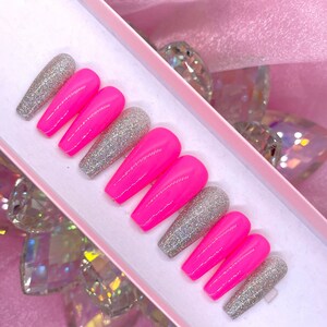 CUTIE | Barbie Pink/ Sliver Glitter Press On Nails | Valentine Nails | Press On Nails