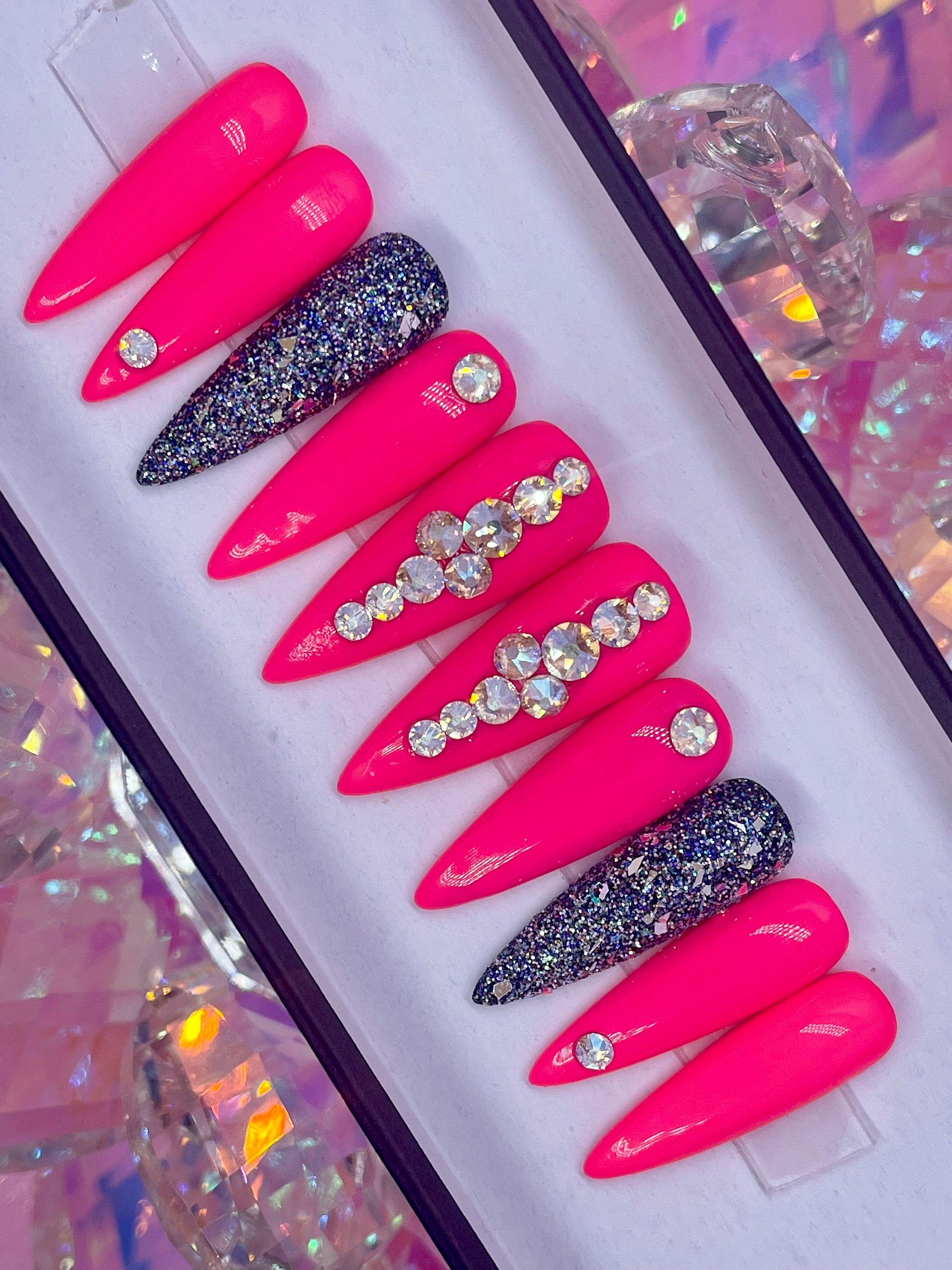 DIVA Pink Rhinestone Press on Nails - Etsy