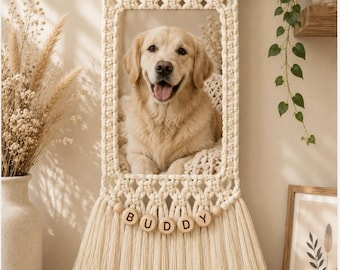 Porta-retratos personalizado para cães, presente memorial em macramê para animais de estimação, moldura personalizada para fotos de cães, decoração boho para amantes de cães, decoração de parede boho