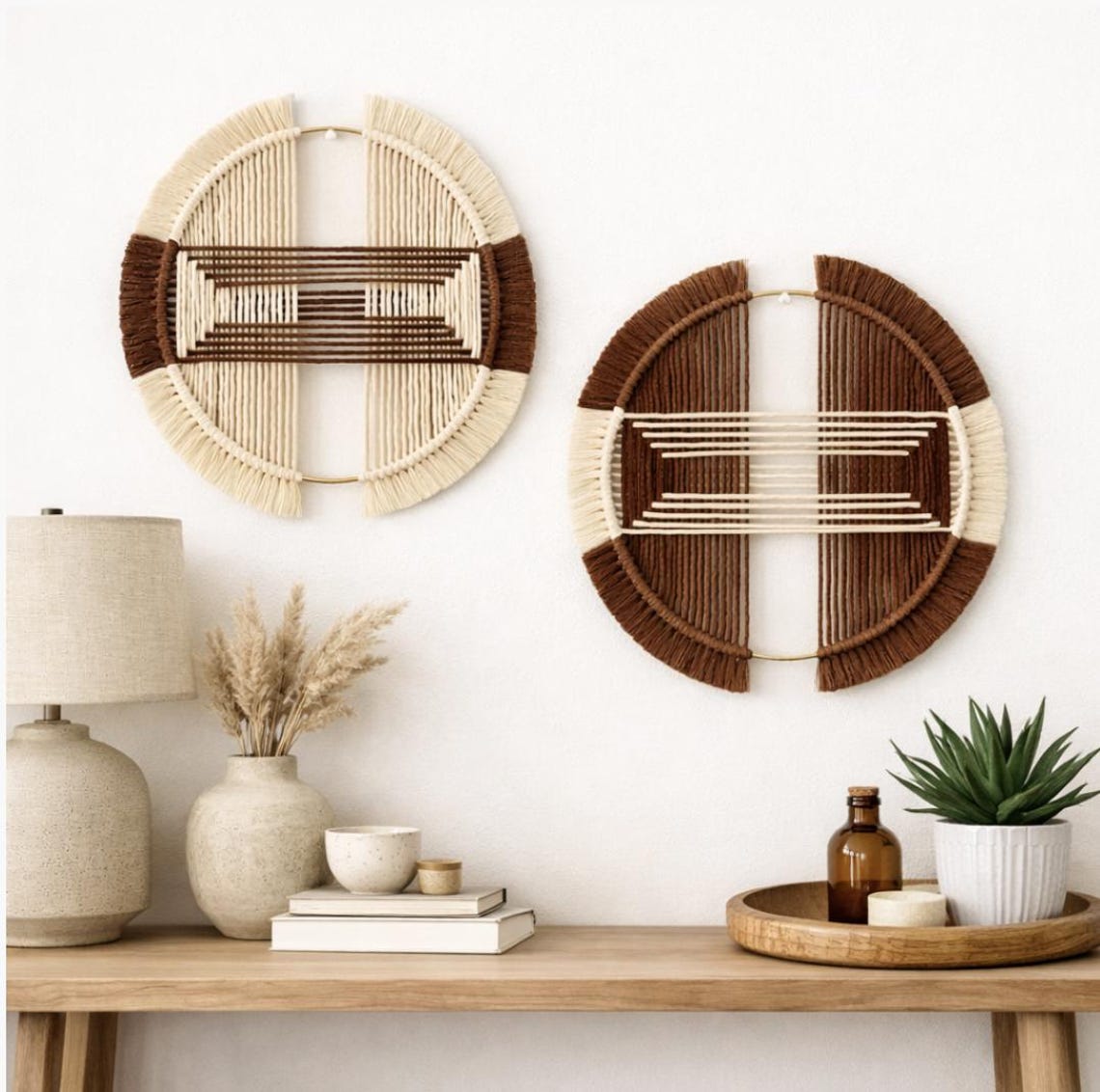 Modern Macrame Wall Hanging | Round Boho Fiber Wall Art | Neutral Brown ...