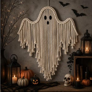 May include: A macrame wall hanging shaped like a ghost, crafted from off-white cotton cord with knotted details along the top edge and long, fringed vertical strands. The ghost features two oval black eyes and a round black mouth.