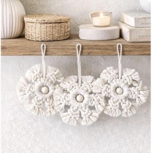 Macrame Snowflake Ornament Set, Winter Car Charm, Rearview Mirror Hanging Decor, Boho Cotton Snowflake, Minimalist Gift Bundle