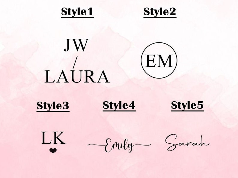 May include: A graphic design featuring five different text styles. Style 1 displays "JW / LAURA". Style 2 shows "EM" in a circle. Style 3 has "LK" with a heart. Styles 4 and 5 feature the names "Emily" and "Sarah".