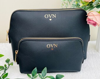 Custom Monogram Cosmetic Bag, Saffiano Leather Toiletry Bag, Makeup Bag for Her, Personalized Make Up Bag For Wife or Girlfriend, beauty bag