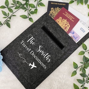 May include: Gray felt travel document holder with a zippered pocket and the text "The Smiths Travel Documents" with a small airplane graphic.