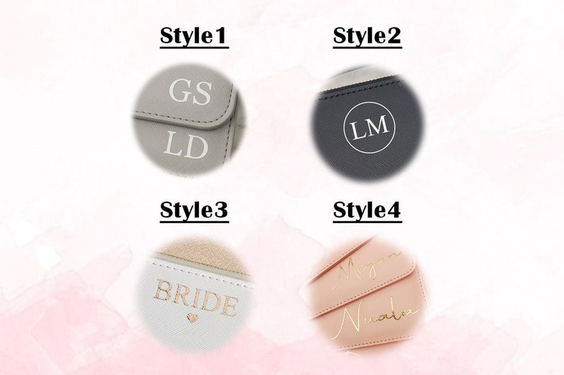 May include: Four different styles of personalized leather pouches. The first pouch is gray with the initials "GS LD" in white. The second pouch is dark gray with the initials "LM" in a circle. The third pouch is white with the word "BRIDE" in gold lettering. The fourth pouch is pink with the names "Megan" and "Natalia" in gold lettering.