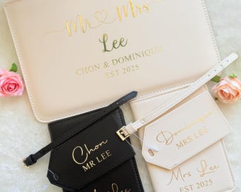 Personalised Passport Cover and Tag with travel documents holder Personalised Bride and Groom Gifts Mr and Mrs Set Wedding Present Honeymoon