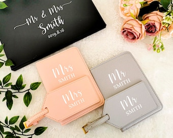 Mr and Mrs Wedding Personalised Passport Holders and Luggage Tags | Engagement Travel Gift, Destination Wedding Honeymoon Valentines Gift