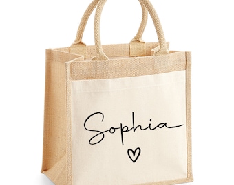 Personalised Jute Lunch Bag with Name & Heart, Personalised Work Bag, Eco Friendly Office Bag, Teacher Bag, Tote Bag, Shopper Bag, Woman Bag