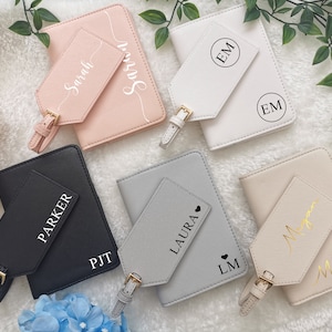 Juego de porta pasaporte personalizado, funda de pasaporte personalizada, etiqueta de equipaje personalizada, juego de viaje, regalo de dama de honor, regalo para ella, boda