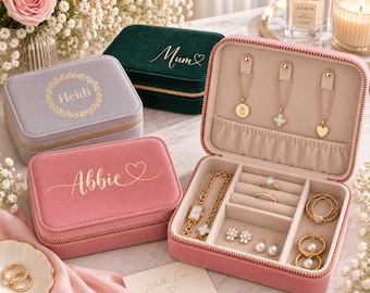 Personalised Velvet Travel Jewellery Box, Custom Name Jewellery Box for Rings, Earrings & Necklaces, Bridesmaid, Birthday, Gift for Her