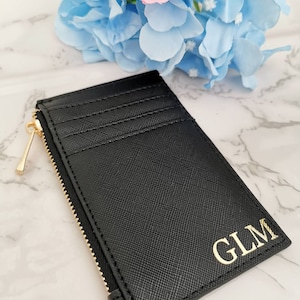 PERSONALISED CARD HOLDER, coin purse, custom initial card holder, personalised purse, monogram women small wallet, birthday gift for her Black (gold zip)