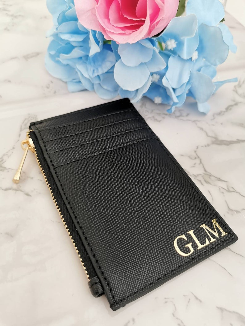 PERSONALISED CARD HOLDER, coin purse, custom initial card holder, personalised purse, monogram women small wallet, birthday gift for her Black (gold zip)