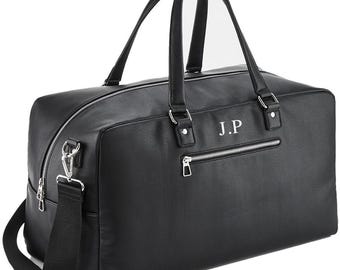 Personalised Mens Holdall, Black Vegan Leather Weekender Travel Bag Set, Fathers Day Gift, Men's Gift, Weekender Bag For Him, Best man gifts