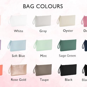 May include: A chart showing 14 different colors of bags. The colors are: pink, white, grey, oyster, dusky pink, lavender, soft blue, mint, sage green, navy, coral, rose gold, taupe, black, and black with a black zipper.
