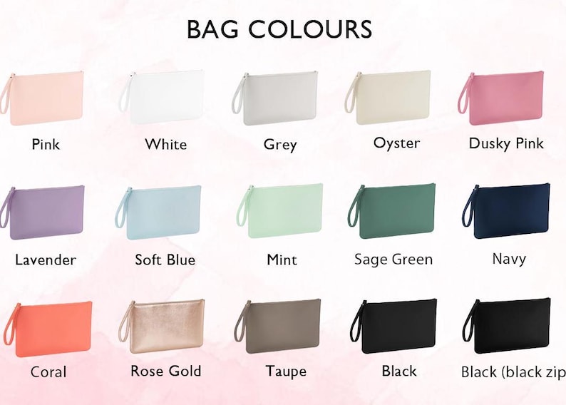 May include: A chart showing 14 different colors of bags. The colors are: pink, white, grey, oyster, dusky pink, lavender, soft blue, mint, sage green, navy, coral, rose gold, taupe, black, and black with a black zipper.