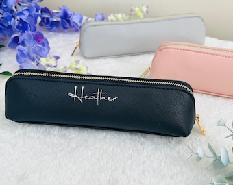 Personalised Saffiano Leather Cosmetic Bag, Monogram Pencil Case (22x5.5x4.5cm)
