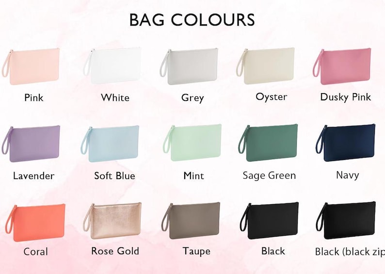May include: A grid of fifteen rectangular zipper pouches with wrist straps, labeled with colors including pink, white, grey, oyster, dusky pink, lavender, soft blue, mint, sage green, navy, coral, rose gold, taupe, black, and black with a black zipper.