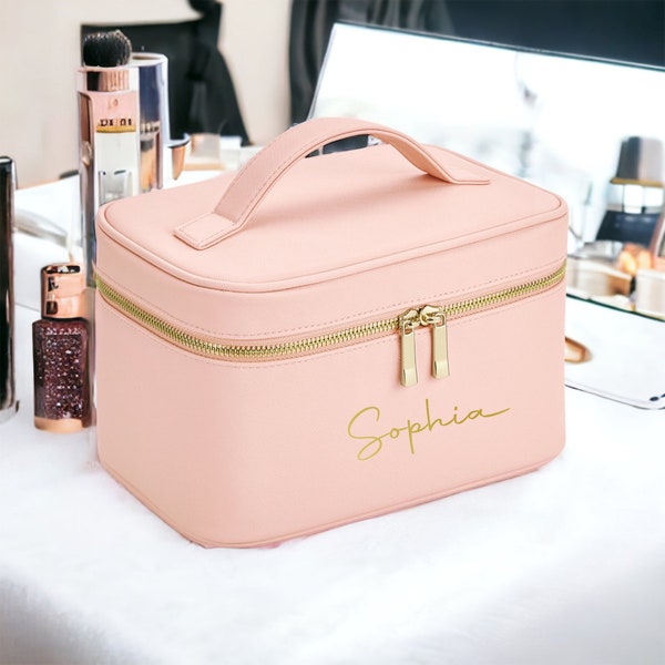 Personalised vanity makeup case, monogram initial cosmetic bag, toiletry bag, bridesmaid bag, custom make up bag, jewellery box, PU leather