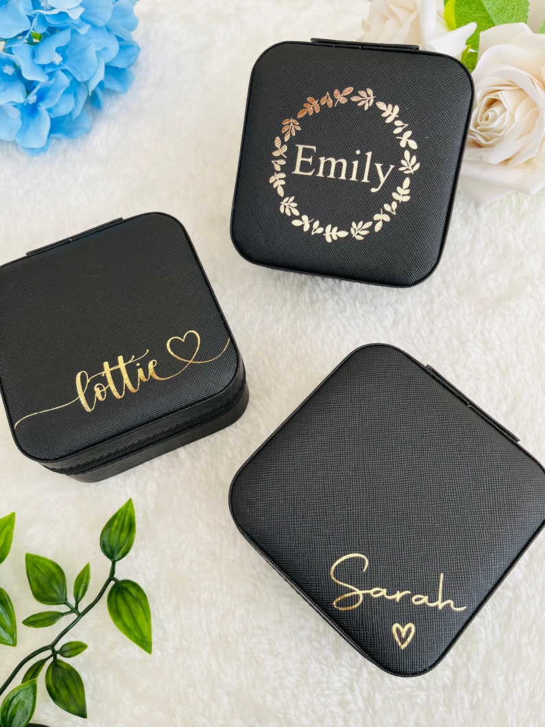 Custom Jewellery box, personalised jewellery boxes, travel jewellery case, girls jewellery box, jewelry box with name bridesmaid proposal Black