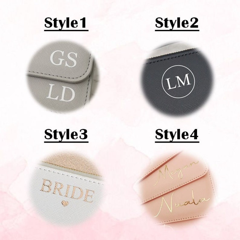 May include: Four styles of personalized cases are shown. Style 1 features a gray case with white GS and LD initials. Style 2 shows a black case with a white LM monogram. Style 3 is a white case with BRIDE and a heart. Style 4 displays pink cases with gold script names.