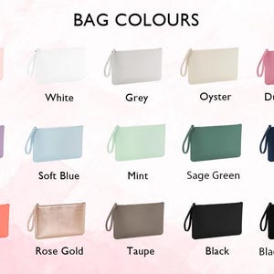 May include: A chart showing 15 different colors of bags. The colors are: pink, white, grey, oyster, dusky pink, lavender, soft blue, mint, sage green, navy, coral, rose gold, taupe, black, and black with a black zipper.