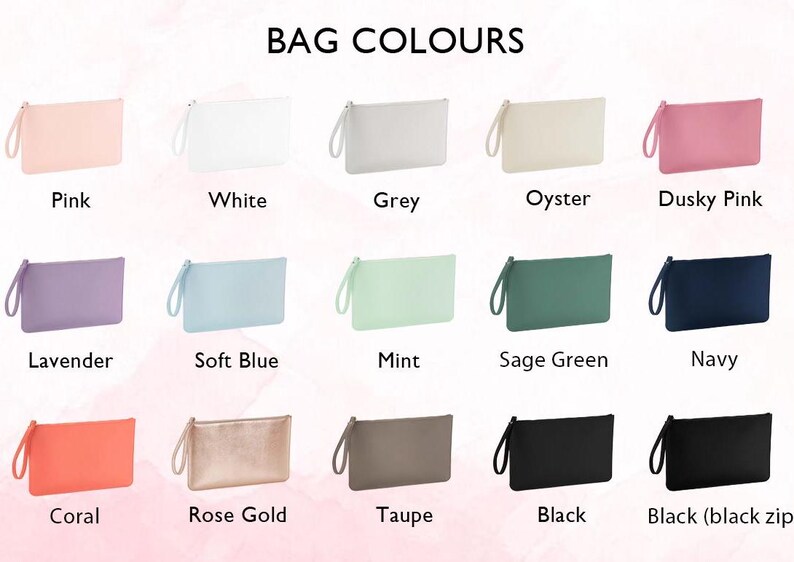 May include: A chart showing 15 different colors of bags. The colors are: pink, white, grey, oyster, dusky pink, lavender, soft blue, mint, sage green, navy, coral, rose gold, taupe, black, and black with a black zipper.