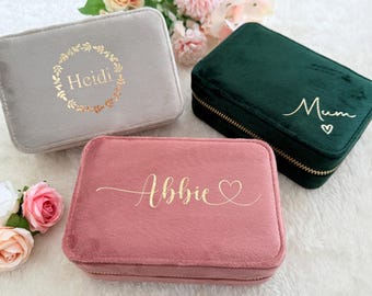 Personalised Velvet Travel Jewellery Case, Jewelry Box Case, Bridesmaid Proposal Gift, Bridal Party Gift, birthday Gift for Her