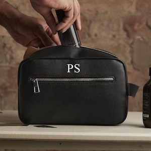 Toiletry Wash Bag PERSONALISED with Gold Monogram | Initials Black Leather Look For Him | Groomsmen | Mens | Dad | Bestman Fathers Day Gift