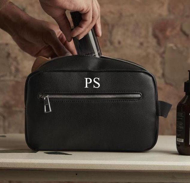 Toiletry Wash Bag PERSONALISED with Gold Monogram Initials Black Leather  Look For Him Groomsmen Mens Dad Bestman Fathers Day Gift