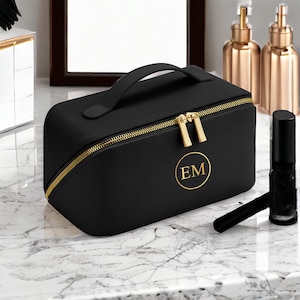Personalised monogram cosmetic bag, custom makeup bag, personalized gift for her, personalised gift for bridesmaid, makeup organiser,make up Black/Black - Large