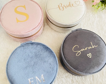 Personalised Round Travel Jewellery Case | Custom Velvet Jewelry Box | Bridesmaid Proposal | Jewelry Box Ring Box | Bridesmaid Gifts