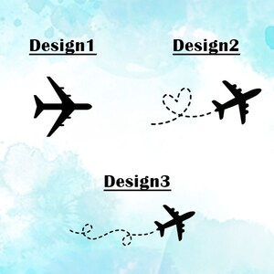 May include: Three different designs of airplane silhouettes with dashed lines representing flight paths. Design 1 shows a single airplane. Design 2 shows an airplane with a heart-shaped flight path. Design 3 shows an airplane with a circular flight path.