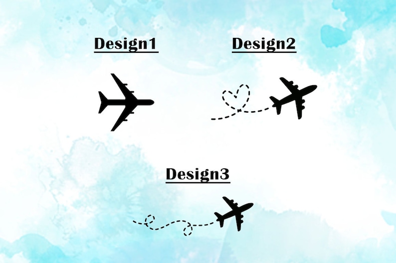 May include: Three different designs of airplane silhouettes with dashed lines representing flight paths. Design 1 shows a single airplane. Design 2 shows an airplane with a heart-shaped flight path. Design 3 shows an airplane with a circular flight path.