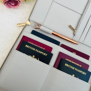 Organizador de viaje familiar personalizado, organizador de vacaciones, regalo de viaje, billetera de viaje, porta pasaporte, carpeta de documentos de viaje, estuche de viaje Grey